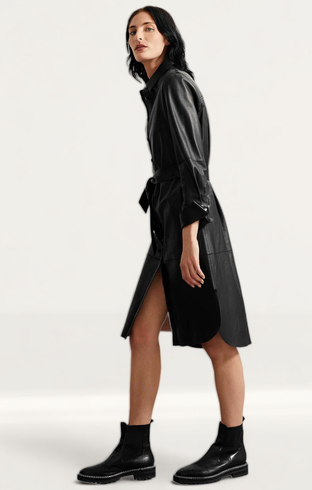 M&S Black Leather Belted Midi Shirt Dress