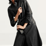 M&S Black Leather Belted Midi Shirt Dress
