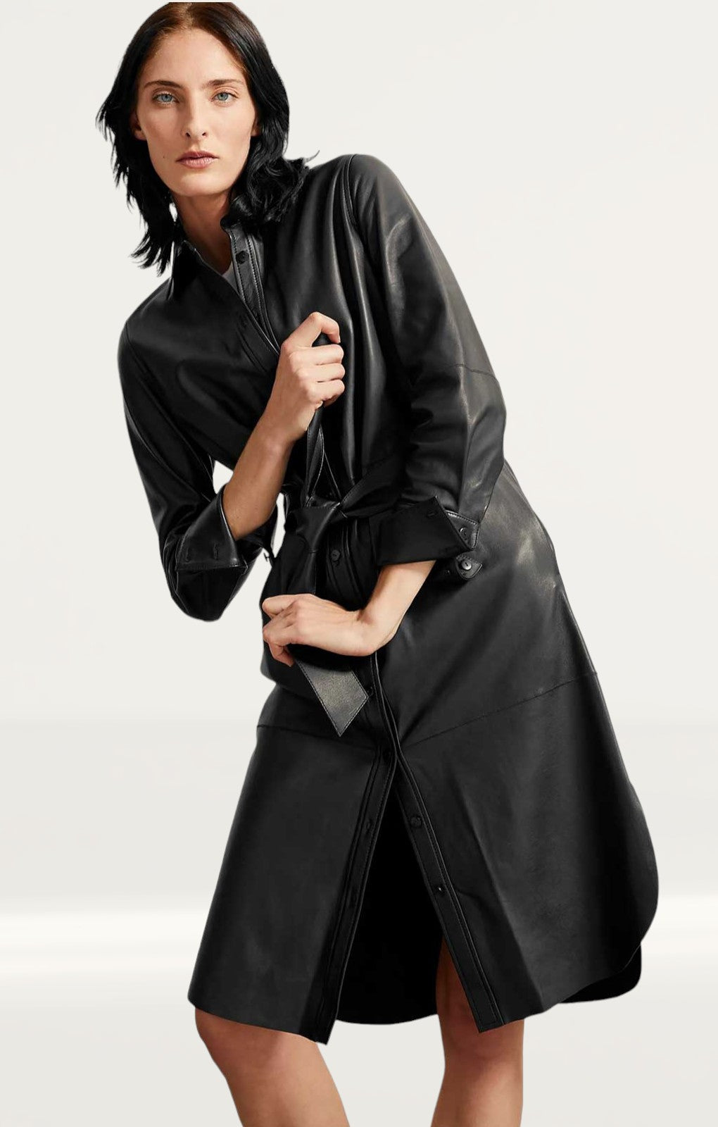 M&S Black Leather Belted Midi Shirt Dress