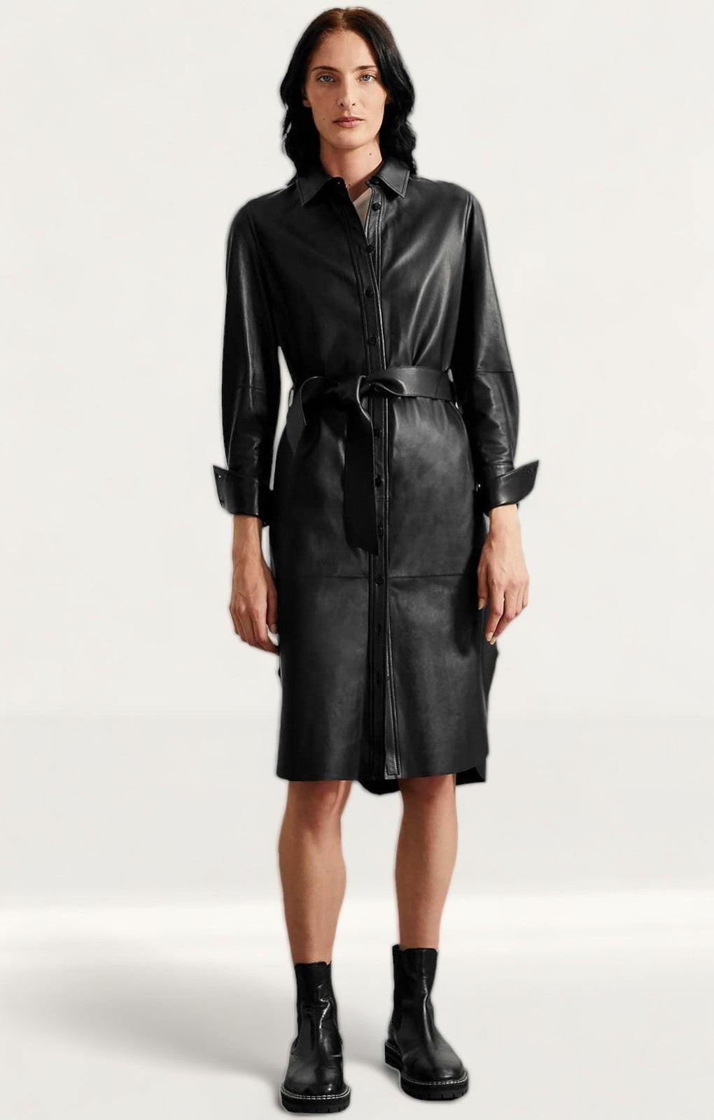M&S Black Leather Belted Midi Shirt Dress