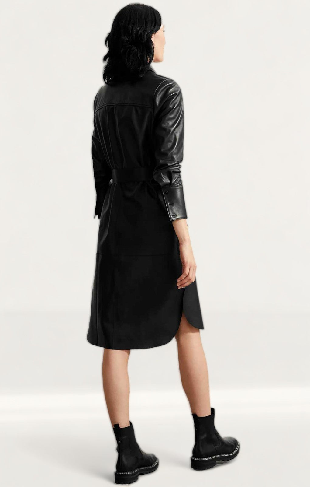 M&S Black Leather Belted Midi Shirt Dress