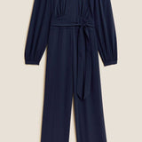 M&S Navy Long Sleeve Wide Leg Jumpsuit