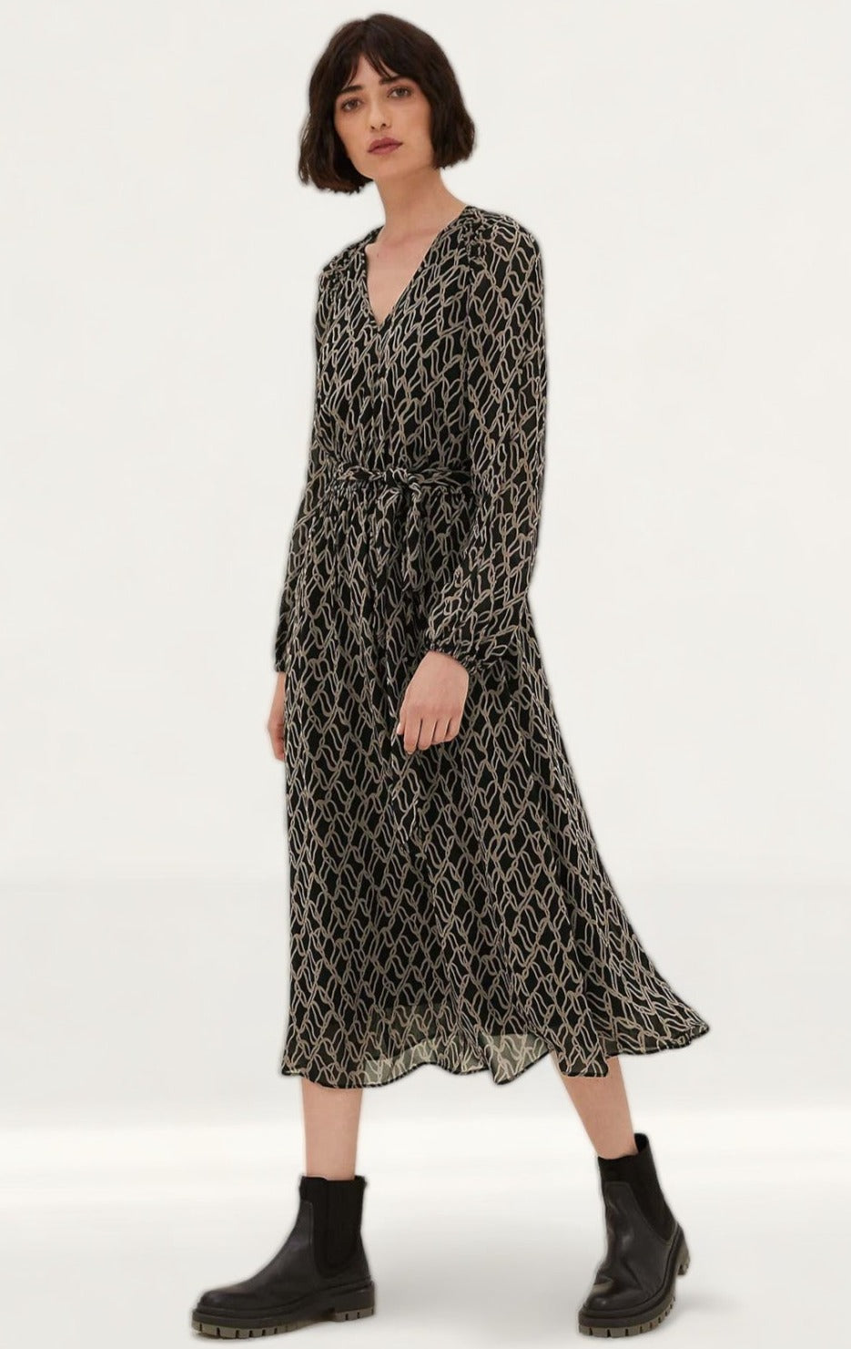 M&S Printed V-Neck Tie Front Midi Waisted Dress