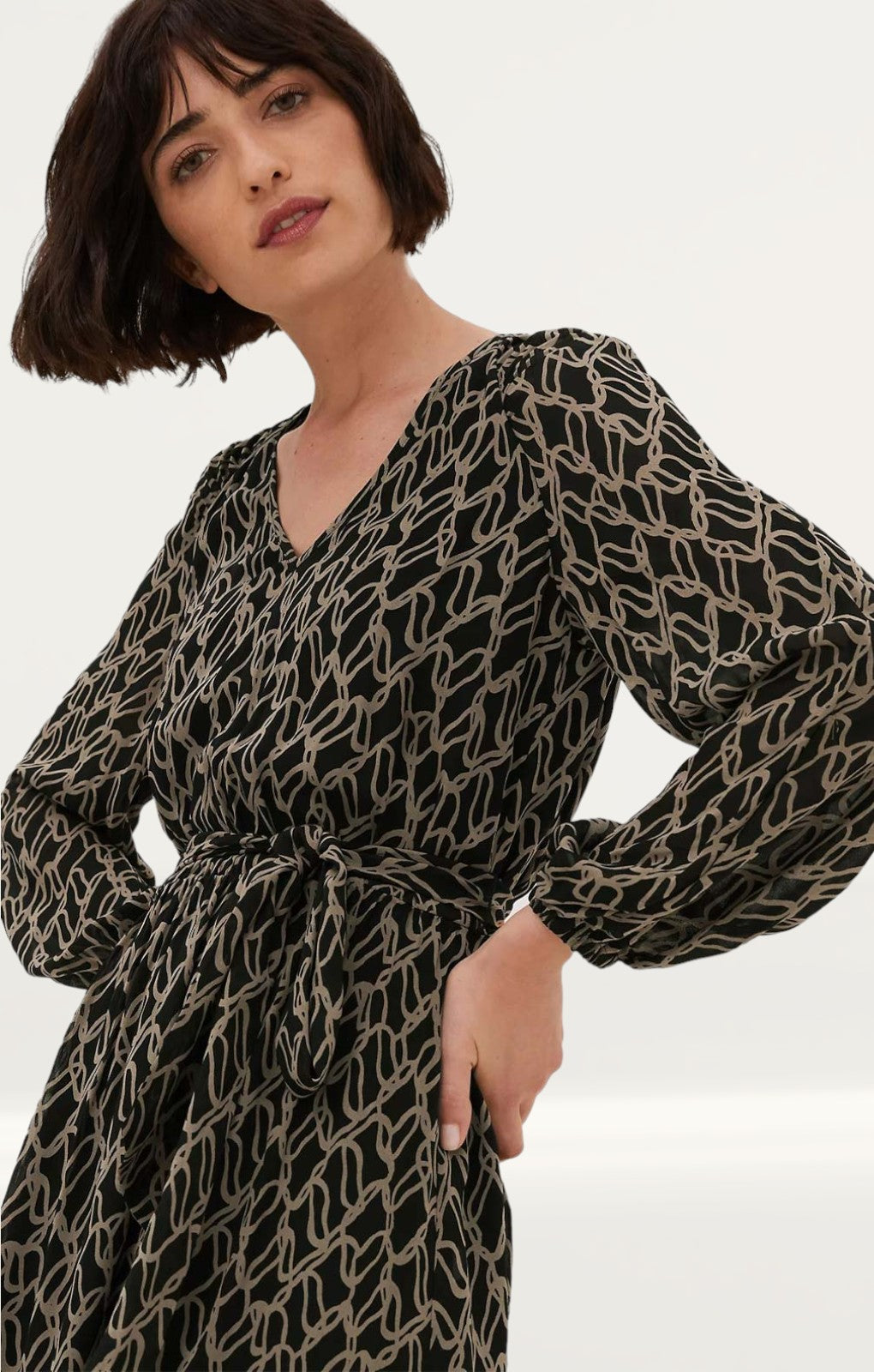 M&S Printed V-Neck Tie Front Midi Waisted Dress