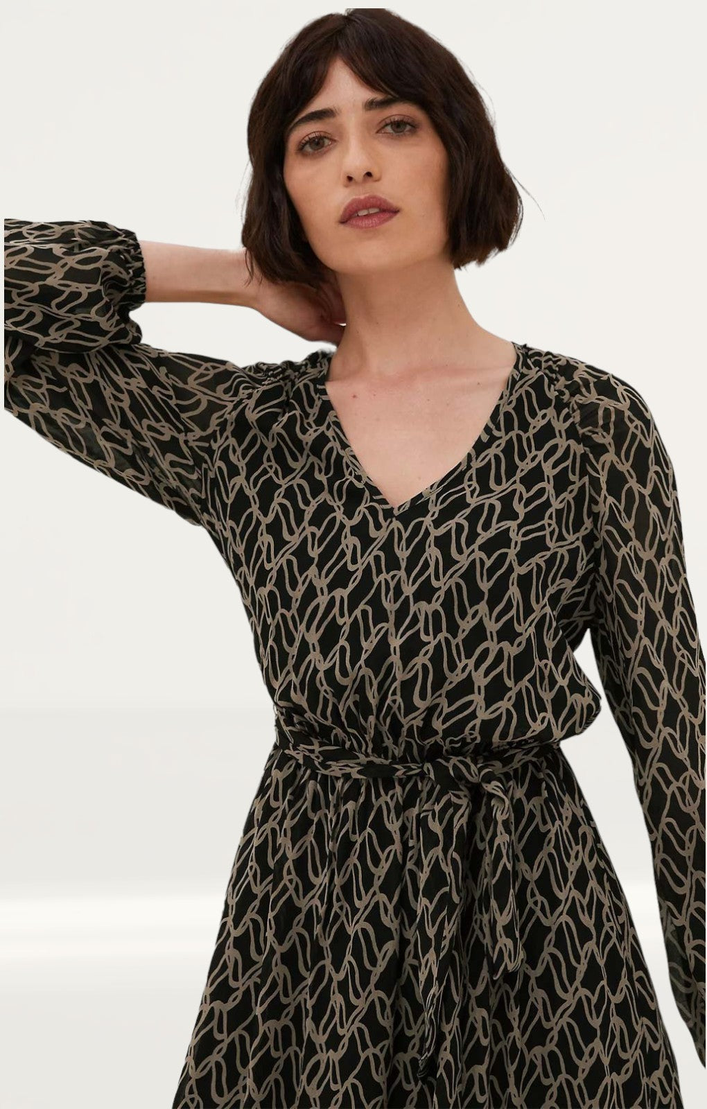 M&S Printed V-Neck Tie Front Midi Waisted Dress