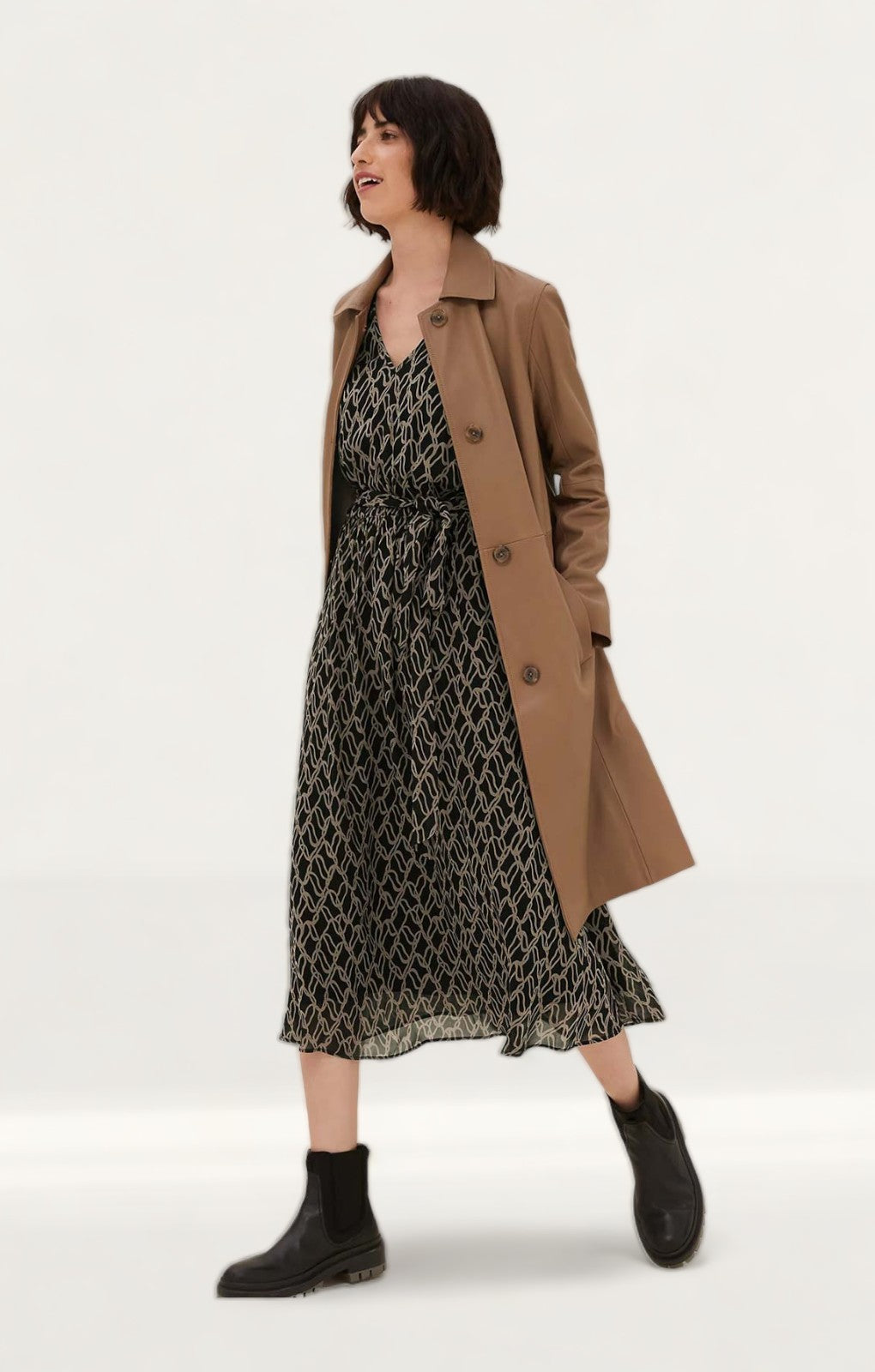 M&S Printed V-Neck Tie Front Midi Waisted Dress