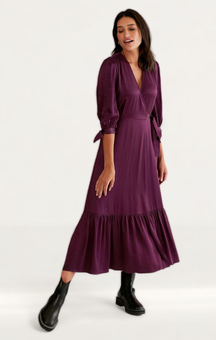 M&S X Ghost Satin V-Neck Tie Sleeve Midi Wrap Dress
