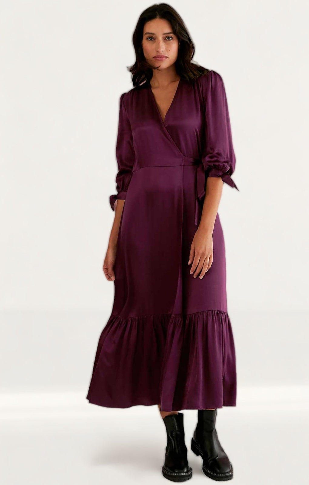 M&S X Ghost Satin V-Neck Tie Sleeve Midi Wrap Dress product image