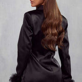 MissPap Black Marie Premium Satin Feather Trim Blazer Dress