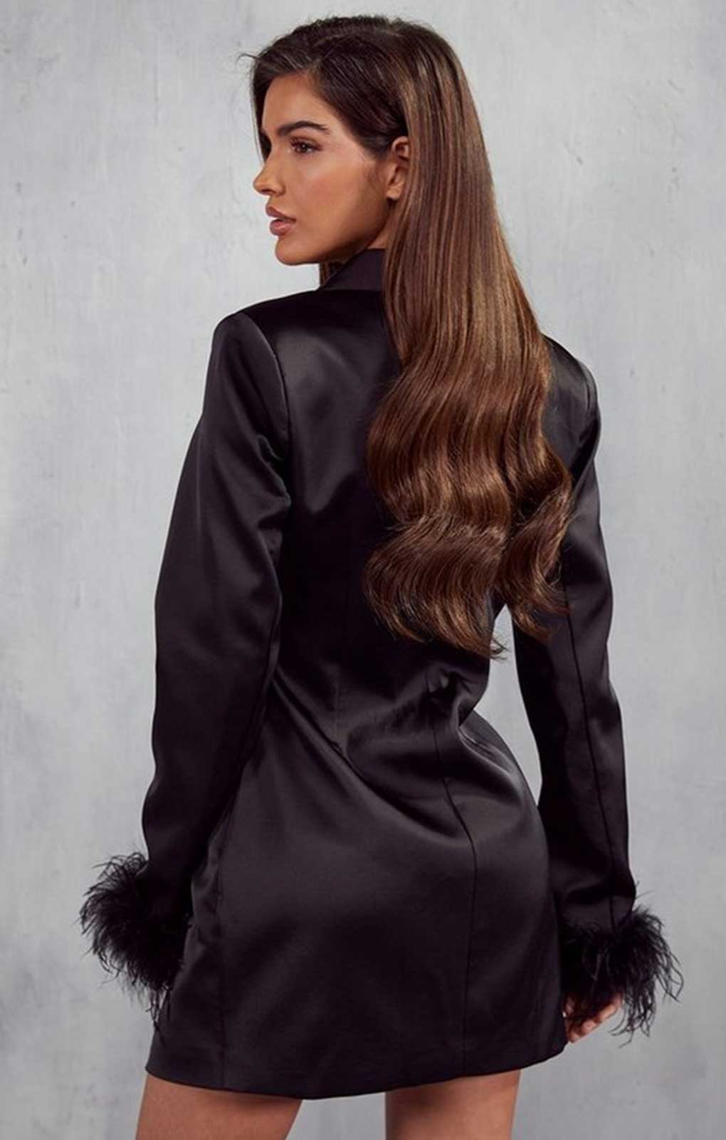 MissPap Black Marie Premium Satin Feather Trim Blazer Dress
