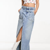 Miss Selfridge Denim Pocket Detail Maxi Skirt In Light Wash Blue