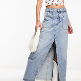 Miss Selfridge Denim Pocket Detail Maxi Skirt In Light Wash Blue