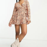 Miss Selfridge Festival Flared Sleeve Wrap Playsuit In Ditsy Print