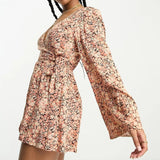 Miss Selfridge Festival Flared Sleeve Wrap Playsuit In Ditsy Print
