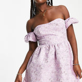 Miss Selfridge Jacquard Puff Sleeve Bardot Mini Dress In Lilac