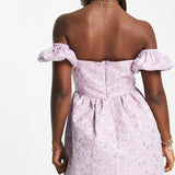 Miss Selfridge Jacquard Puff Sleeve Bardot Mini Dress In Lilac