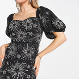 Miss Selfridge Premium Embellished Star Puff Sleeve Mini Dress With Tie Back Detail In Black