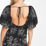 Miss Selfridge Premium Embellished Star Puff Sleeve Mini Dress With Tie Back Detail In Black