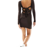 Miss Selfridge Rib Knit Double Tie Back Funnel Neck Mini Dress In Chocolate – dresses by Miss Selfridge, available to rent from Hirestreet