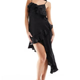 Miss Selfridge Satin Asym Hem Ruffle Dress With Scarf In Black – dresses by Miss Selfridge, available to rent from Hirestreet