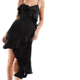 Miss Selfridge Satin Asym Hem Ruffle Dress With Scarf In Black – dresses by Miss Selfridge, available to rent from Hirestreet