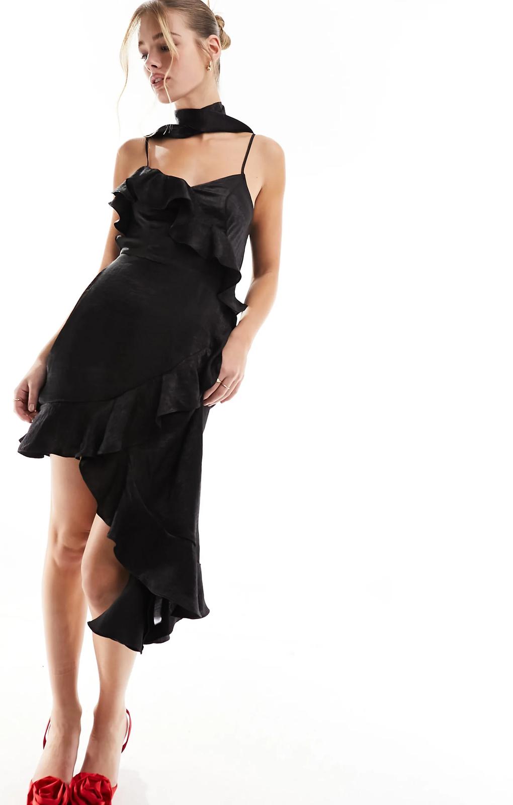 Miss Selfridge Satin Asym Hem Ruffle Dress With Scarf In Black – dresses by Miss Selfridge, available to rent from Hirestreet