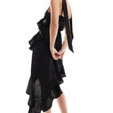 Miss Selfridge Satin Asym Hem Ruffle Dress With Scarf In Black – dresses by Miss Selfridge, available to rent from Hirestreet