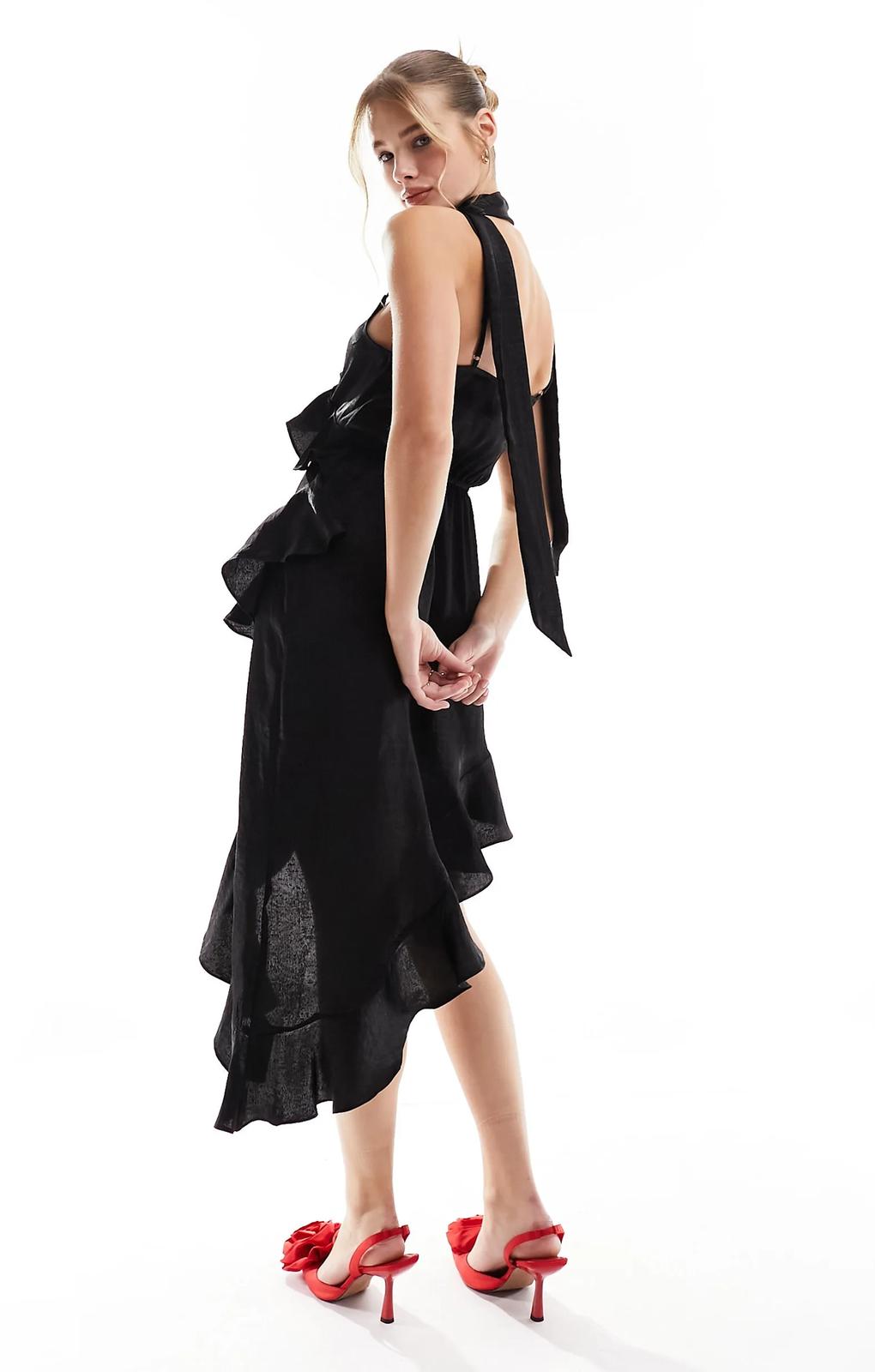 Miss Selfridge Satin Asym Hem Ruffle Dress With Scarf In Black – dresses by Miss Selfridge, available to rent from Hirestreet