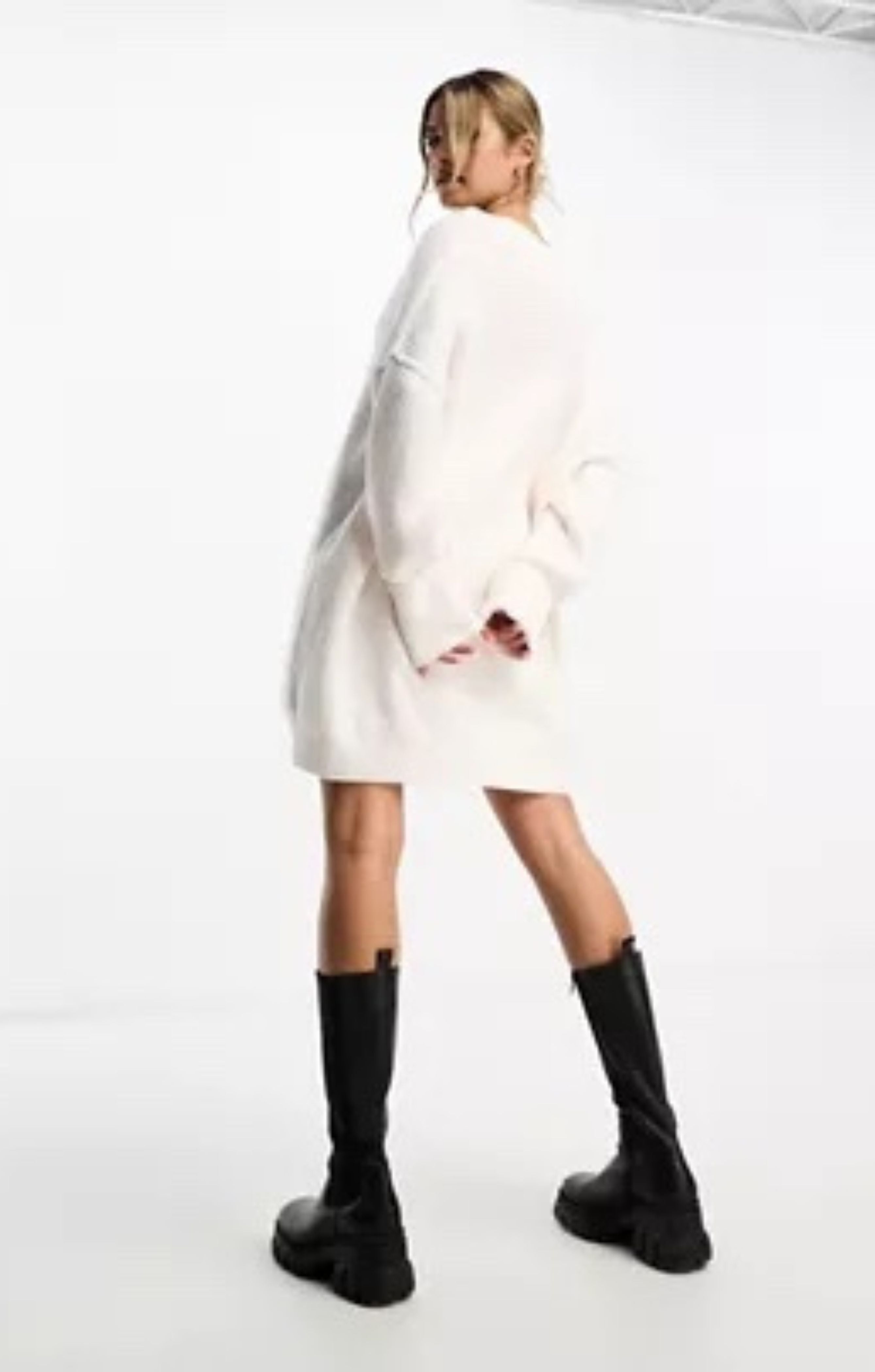 Miss Selfridge V Neck Slouchy Knit Mini Dress in Cream