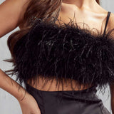 Misspap Black Maeve Premium Satin Feather Maxi Dress product image