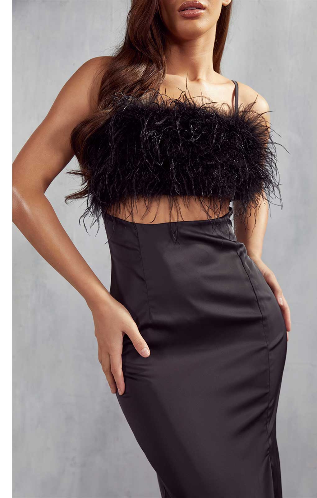 Misspap Black Maeve Premium Satin Feather Maxi Dress product image