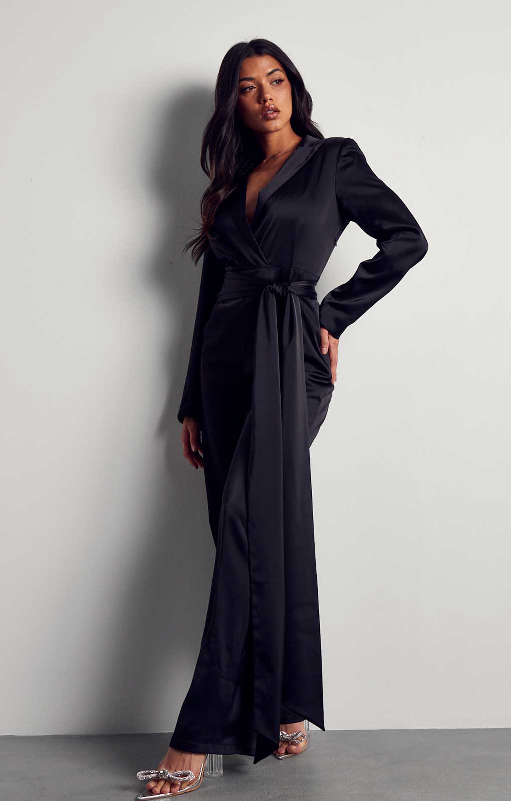 Misspap Black Recycled Satin Wrap Detail Jumpsuit