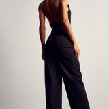 Misspap Black Satin Tuxedo Wide Leg Jumpsuit