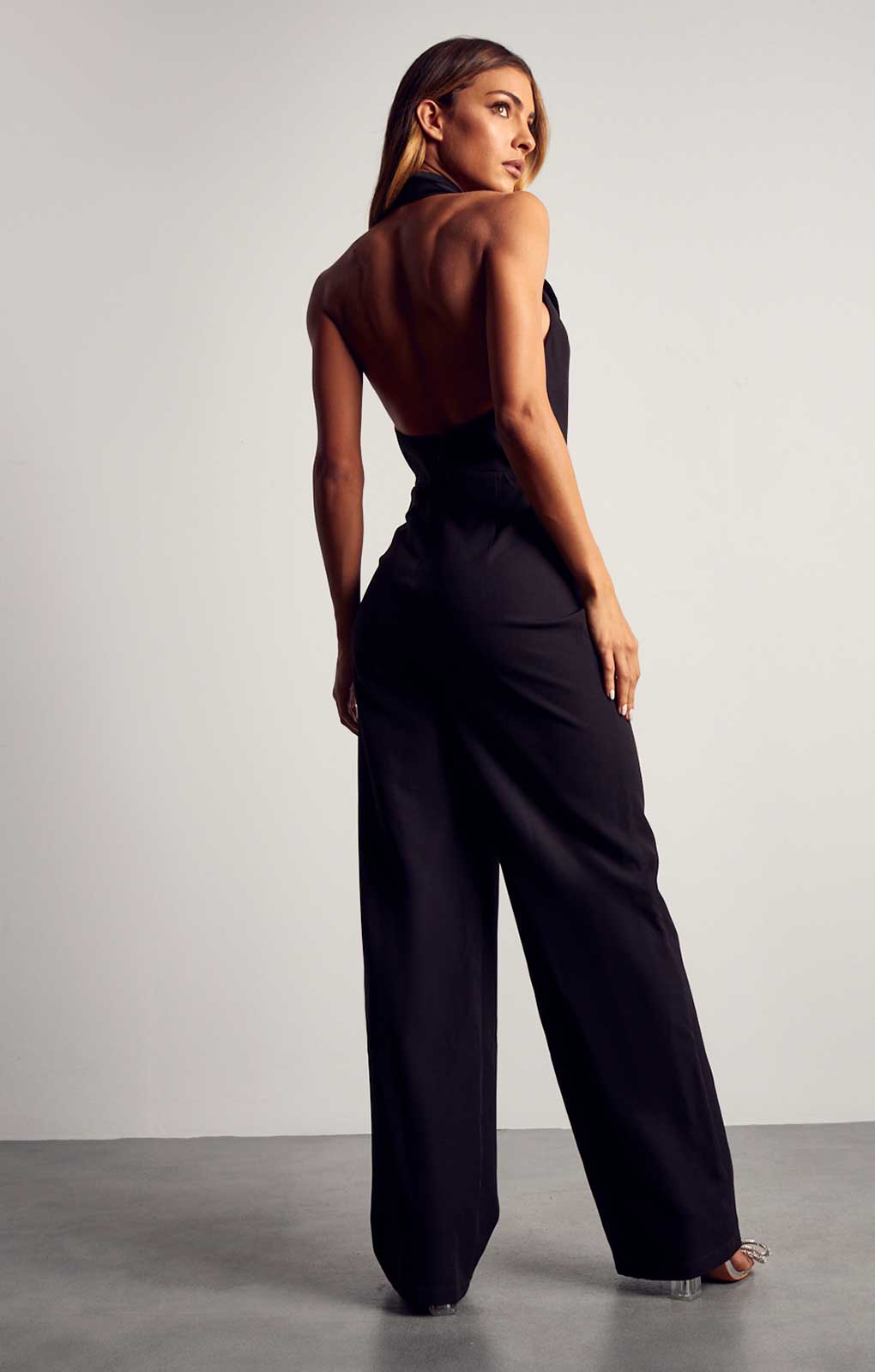 Misspap Black Satin Tuxedo Wide Leg Jumpsuit