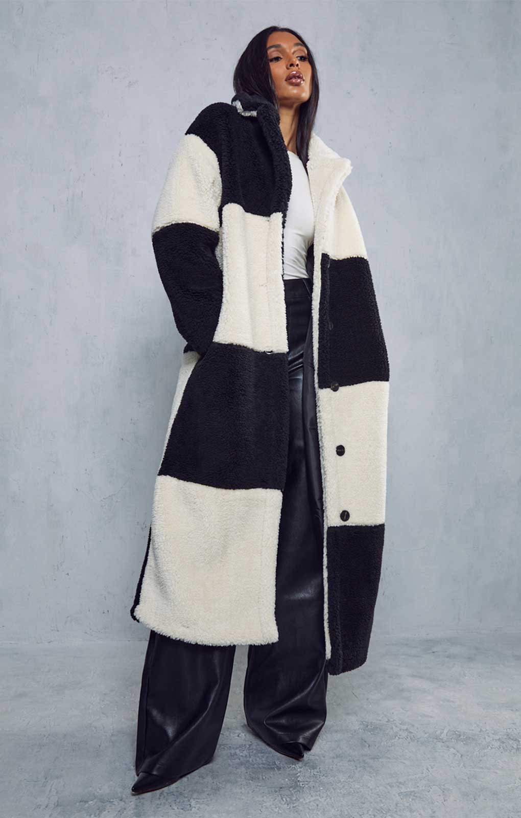 Misspap Black Two Tone Colour Block Teddy Coat