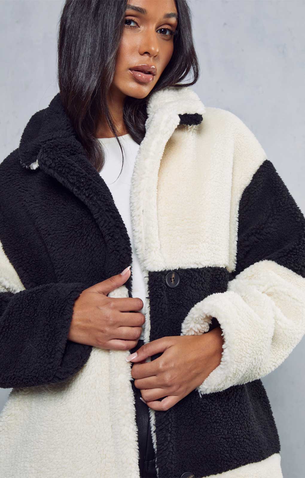 Misspap Black Two Tone Colour Block Teddy Coat