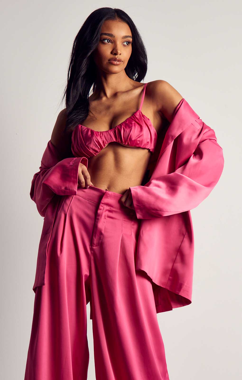 MissPap Fuschia Premium Oversized Satin 3 Piece Co-ord