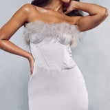 Misspap Mink Premium Satin Corset Feather Trim Mini Dress