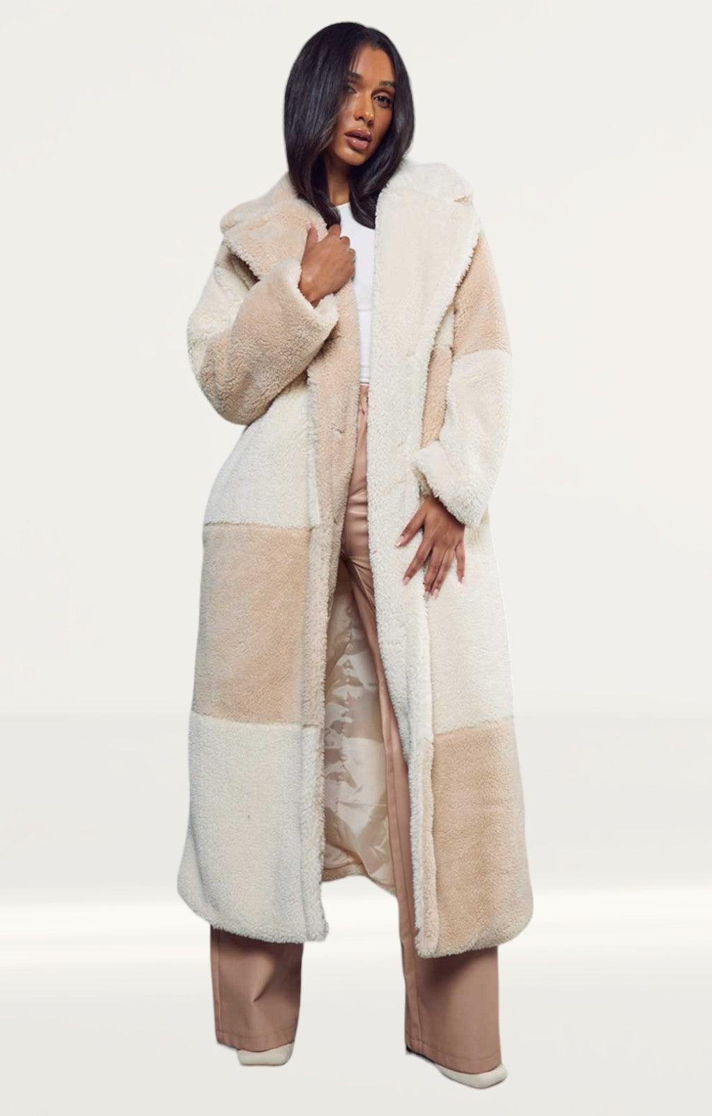 Misspap Stone Two Tone Colour Block Teddy Coat