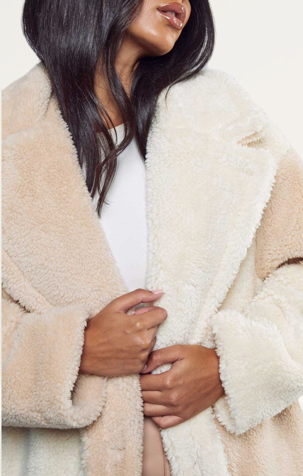Misspap Stone Two Tone Colour Block Teddy Coat