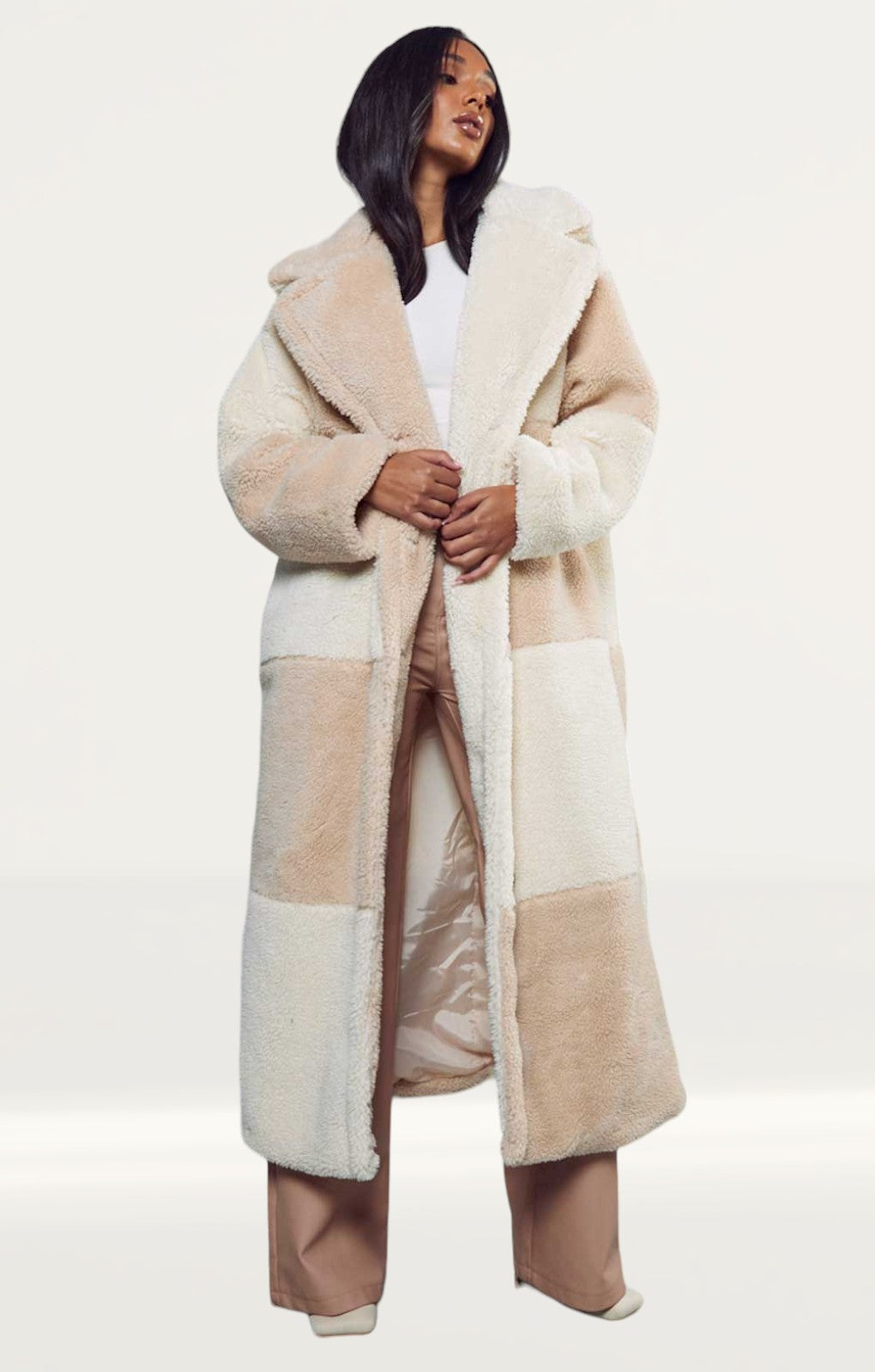 Misspap Stone Two Tone Colour Block Teddy Coat