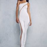 Misspap White Lace Up One Shoulder Jumpsuit