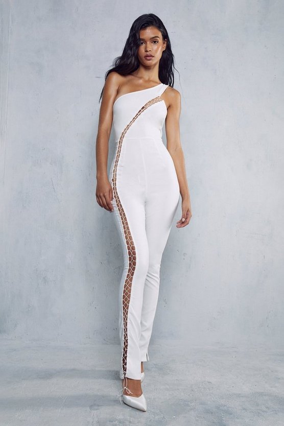 Misspap White Lace Up One Shoulder Jumpsuit product image