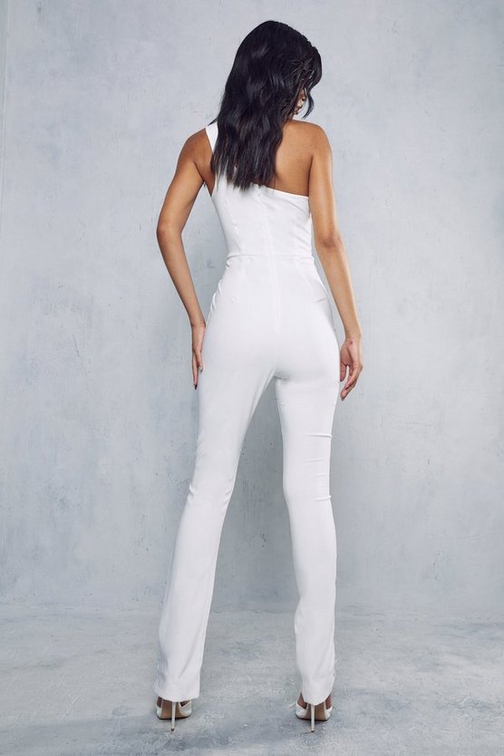Misspap White Lace Up One Shoulder Jumpsuit