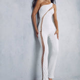 Misspap White Lace Up One Shoulder Jumpsuit