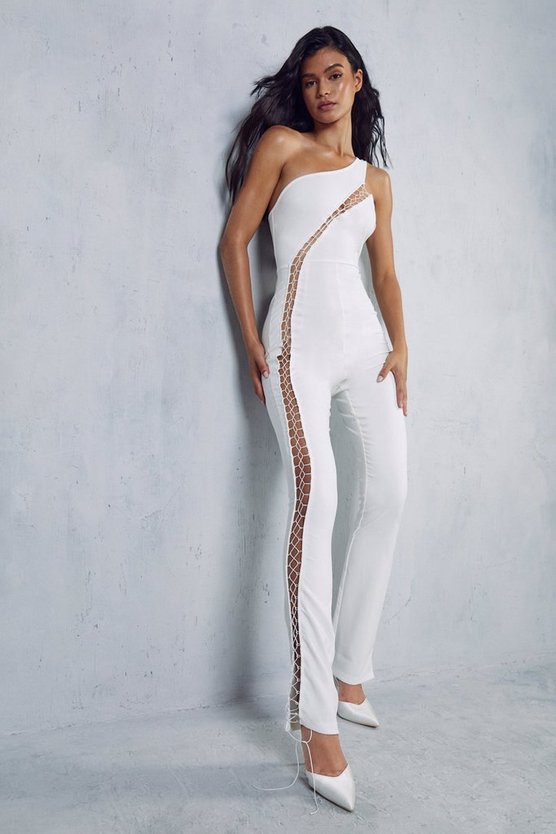 Misspap White Lace Up One Shoulder Jumpsuit