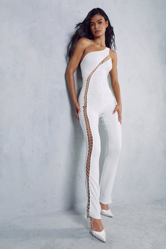 Misspap White Lace Up One Shoulder Jumpsuit product image