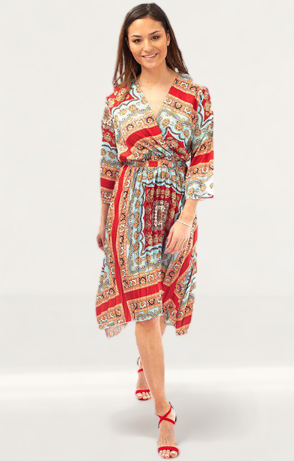 Mixed Print Pleated Midi Dress
