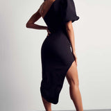 Misspap Black Puff Sleeve Asymmetric Midi Dress product image