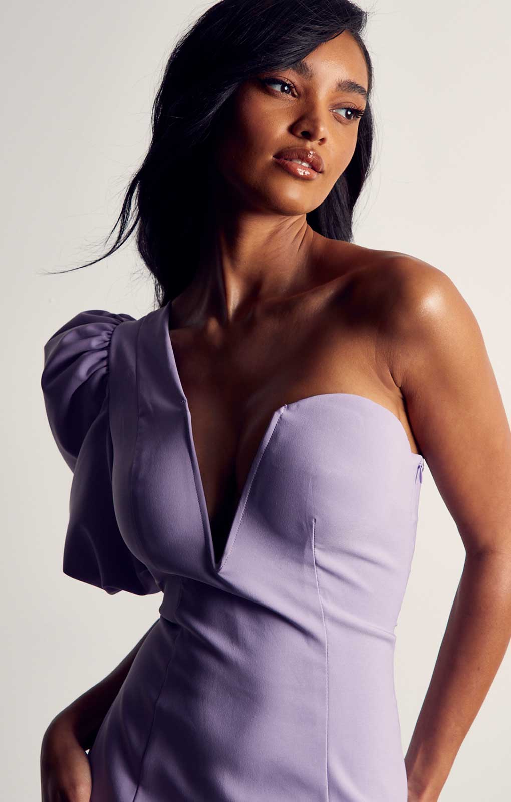 MissPap Lilac Puff Sleeve Asymmetric Midi Dress
